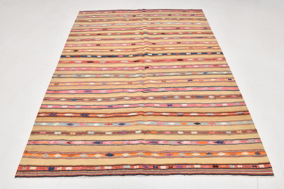 6x8 Kilim Cream Pink Vintage Rug, 6x8 Striped Kilim, 6x8 Rug, Handmade ...
