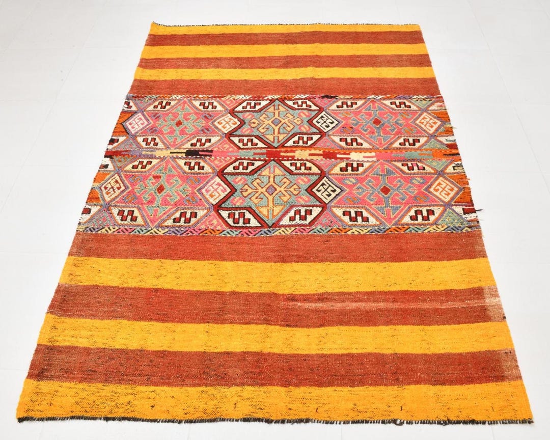 Red Yellow Rugs 4x6 Kilim Red Yellow Rug, 4x6 Vintage Kilim Rug, 4x6 Rug, Handmade Wool ...