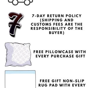 May include: Image with text: "FREE SHIPPING", "7-DAY RETURN POLICY", "FREE PILLOWCASE WITH EVERY PURCHASE GIFT", and "FREE GIFT NON-SLIP RUG PAD WITH EVERY PRODUCT". Features a truck graphic, a number 7, a pillow, and a rug pad.