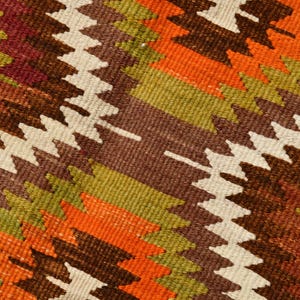 May include: Close-up of a woven textile with a repeating geometric pattern. The design features zig-zag shapes in shades of brown, orange, green, and white. The textile has a textured appearance, suggesting a rug or fabric.