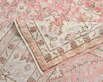 7x10 Soft Pink Oversize Turkish Rug, Large Area Rug, 7x10 Turkish Rug, Handmade Wool Rug, 7x10 Rugs, All-Over Floral Pattern, Traditional