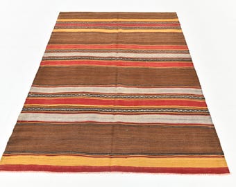 4x7 Red Brown Tribal Kilim Rug, 4x7 Turkish Kilim, 4x7 Rug, Handmade Wool Rug, 4x7 Vintage Kilim Rug, Bohemian Eclectic Style, 57s Rug