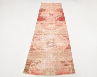 3x10 Red Pink VINTAGE TURKISH RUNNER Rug, Oriental Pattern Handmade Wool Hallway Rug