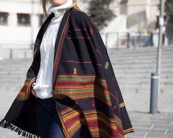 Black Shawl with Colorful Ethnic Embroidery, Boho Wrap, Warm Winter Scarf