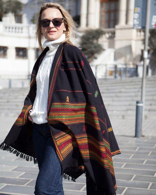 Black Shawl with Colorful Ethnic Embroidery, Boho Wrap, Warm Winter Scarf