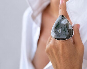 Anillo grande de ágata musgosa, anillo de piedra preciosa de latón chapado en plata, joyería bohemia de piedra natural.