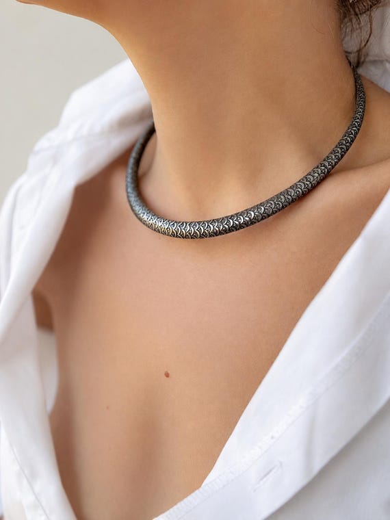 Choker Necklace Handmade, Artisan Statement Collar Necklace | Tribal Silver Tone Jewelry | Minimalist Boho Neckpiece