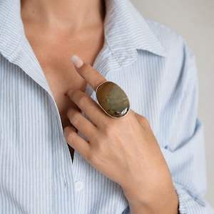 May include: A large statement ring featuring an oval-shaped, polished brown and tan jasper stone set in a smooth silver-toned metal band. The stone displays natural earthy colour variations and a glossy finish, covering a significant portion of the finger.
