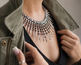 Collier ethnique | Ras de cou bohème en argent oxydé | Bijoux tribaux indiens | Collier Festival