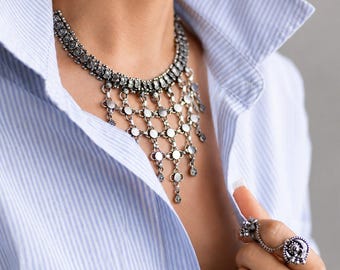 Collier tribal bohème | Ras de cou en argent oxydé | Collier tendance ethnique