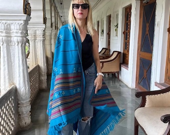 Blue Cotton Shawl, Oversized Tribal Wrap, Boho Ethnic Stole, Unisex Bohemian Scarf