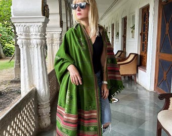 Green Cotton Shawl Wrap, Oversized Ethnic Boho Scarf