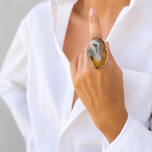 May include: A large oval ring featuring a polished agate stone with natural banding in shades of brown, cream, and black. The stone is set in a simple silver-toned metal bezel, creating a bold statement piece that rests on the finger.