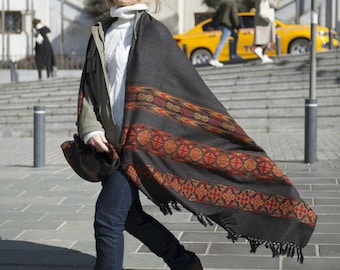 Grey Blanket Scarf, Ethnic Wrap, Boho Tribal Shawl, Unisex Cotton Scarf