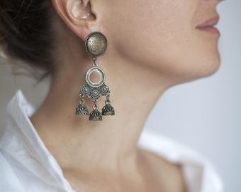 Boho Statement Earrings, Indian Ethnic Dangle, Oxidized Jhumka Jewelry, Tribal Drop