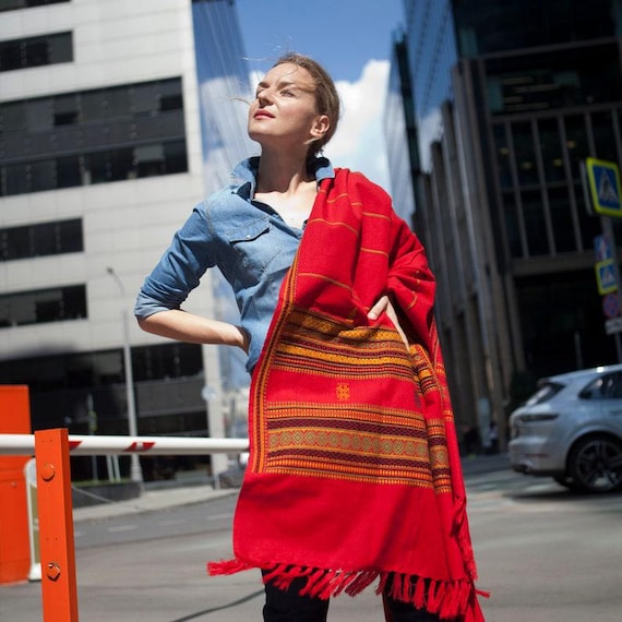 Red Boho Cotton Scarf Shawl | Ethnic Wrap Handmade | Bohemian Festival Style