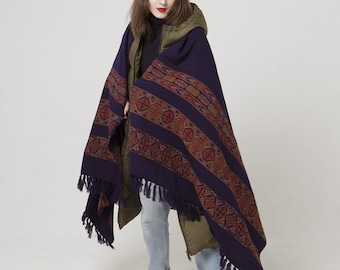 Purple Cotton Boho Shawl, Oversized Ethnic Wrap, Large Scarf, Tribal Patterns