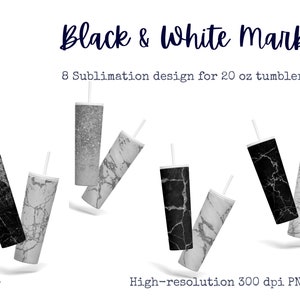 Paquete de diseños de sublimación Skinny Tumbler de 20 oz, 8 modernos diseños de brillos plateados de mármol blanco y negro, PNG de alta resolución, descarga instantánea