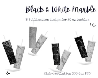 Paquete de diseños de sublimación Skinny Tumbler de 20 oz, 8 modernos diseños de brillos plateados de mármol blanco y negro, PNG de alta resolución, descarga instantánea