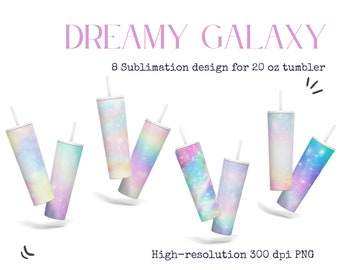 Paquete de diseños de sublimación Skinny Tumbler de 20 oz, 8 diseños de galaxias de ensueño, PNG de alta resolución, descarga instantánea