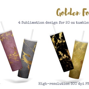 20 oz Skinny Tumbler Sublimation Designs Bundle, 4 goldene Folie infuse buntes Marmor digitales Papier, hochauflösende PNG, Direkter Download
