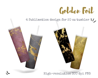 Paquete de diseños de sublimación Skinny Tumbler de 20 oz, 4 láminas doradas infunden papel digital de mármol colorido, PNG de alta resolución, descarga instantánea