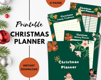 Planificador de Navidad, Diario digital imprimible Folksy Green PDF, Planificación de vacaciones, Descarga instantánea, Lista de regalos divertidos para hacer, Preparación de comidas para fiestas