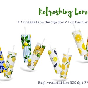 Paquete de diseños de sublimación Skinny Tumbler de 20 oz, 8 frutas refrescantes de limón de verano, PNG de alta resolución, descarga instantánea de papel digital