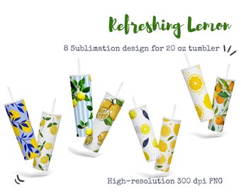 Paquete de diseños de sublimación Skinny Tumbler de 20 oz, 8 frutas refrescantes de limón de verano, PNG de alta resolución, descarga instantánea de papel digital