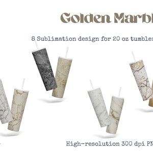 20 oz Skinny Tumbler Sublimation Designs Bundle, 8 Marmor mit Silber Gold Infuse Designs, hochauflösende PNG, Direkter Download