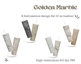 Paquete de diseños de sublimación Skinny Tumbler de 20 oz, 8 diseños de mármol con infusión de oro plateado, PNG de alta resolución, descarga instantánea
