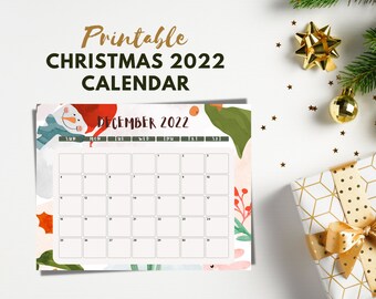 Calendario digital imprimible de diciembre de 2022, PDF de descarga instantánea, estética navideña, tamaño carta de EE. UU. y A4, fondo de acuarela