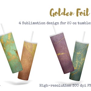 20 oz Skinny Tumbler Sublimation Designs Bundle, 4 Goldfolien infuse buntes Marmor digitales Papier, hochauflösende PNG, Direkter Download