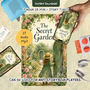 May include: A digital download set for The Secret Garden featuring 27 audio MP3 files totaling 7 hours and 28 minutes of story time. Includes a smartphone displaying the book cover, a tablet, a blue speaker, headphones, and a storybox player.