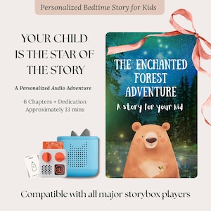 May include: A personalized audio story product featuring a light blue speaker with cat ears, a small white controller with red dials, and a rectangular card titled The Enchanted Forest Adventure with a bear illustration and a pink ribbon.