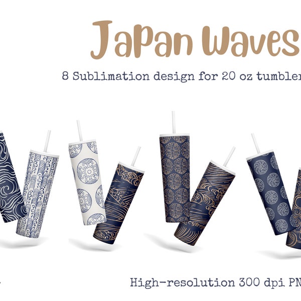 20 oz Skinny Tumbler Sublimation Designs Bundle, 8 conceptions de vagues océaniques de culture traditionnelle japonaise, PNG haute résolution, Téléchargement instantané