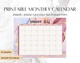 Calendario mensual de mármol de oro rosa, junio de 2022 - diciembre de 2023, 19 meses horizontal, tamaño A4 y carta, PDF digitales imprimibles, diario del planificador