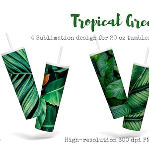 20 oz Skinny Tumbler Sublimation Designs Bundle, 4 Tropical Green Leafs Plants papier numérique, haute résolution PNG, Téléchargement instantané