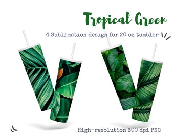 20 oz Skinny Tumbler Sublimation Designs Bundle, 4 Tropical Green Leafs Plants papel digital, PNG de alta resolución, descarga instantánea