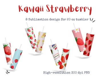 Paquete de diseños de sublimación skinny tumbler de 20 oz, 8 diseños japoneses de fresa kawaii, PNG de alta resolución, descarga instantánea de papel digital
