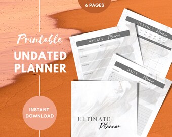 Planificador de mármol digital sin fecha imprimible, retrato tamaño A4 y carta, diario de iPad de notabilidad de Goodnotes, diario semanal mensual, descarga instantánea