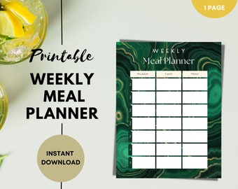 Planificador de comidas semanal, mármol verde esmeralda mínimo, retrato digital imprimible A4 y carta, diario de iPad de notabilidad de Goodnotes, descarga instantánea