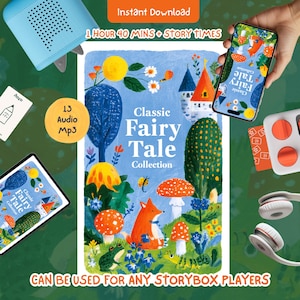 Puede incluir: Un conjunto de audio digital Classic Fairy Tale Collection con una ilustración central de un zorro, rana y setas en un bosque. Incluye smartphone, tableta y auriculares, con el texto 1 HOUR 40 MINS + STORY TIMES y 13 Audio Mp3.