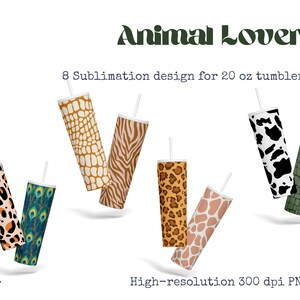 20 oz Skinny Tumbler Sublimation Designs Bundle, 8 bunte Tierhaut Drucke Designs, Hochauflösende PNG, Digital Paper Instant Download