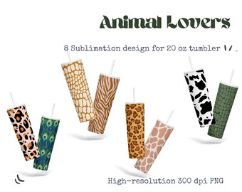 Paquete de diseños de sublimación de vaso delgado de 20 oz, 8 diseños coloridos de impresiones de piel de animal, PNG de alta resolución, descarga instantánea de papel digital