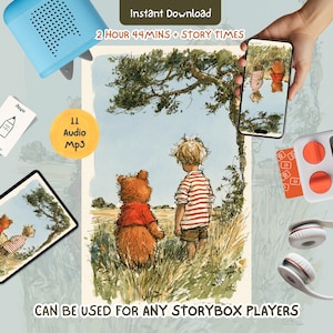 Puede incluir: Una ilustración digital de un niño y un oso en un campo bajo un árbol, junto a un altavoz azul, un smartphone, una tablet, auriculares y una tarjeta. El texto incluye "Instant Download", "2 HOUR 44MINS + STORY TIMES", "11 Audio Mp3" y "CAN BE USED FOR ANY STORYBOX PLAYERS".
