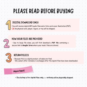 May include: An informational graphic on a white dotted background with the heading PLEASE READ BEFORE BUYING. It lists three points: 1. DIGITAL DOWNLOAD ONLY, 2. HOW YOUR FILES ARE PROVIDED, and 3. RETURN POLICY, plus a pink banner stating important!