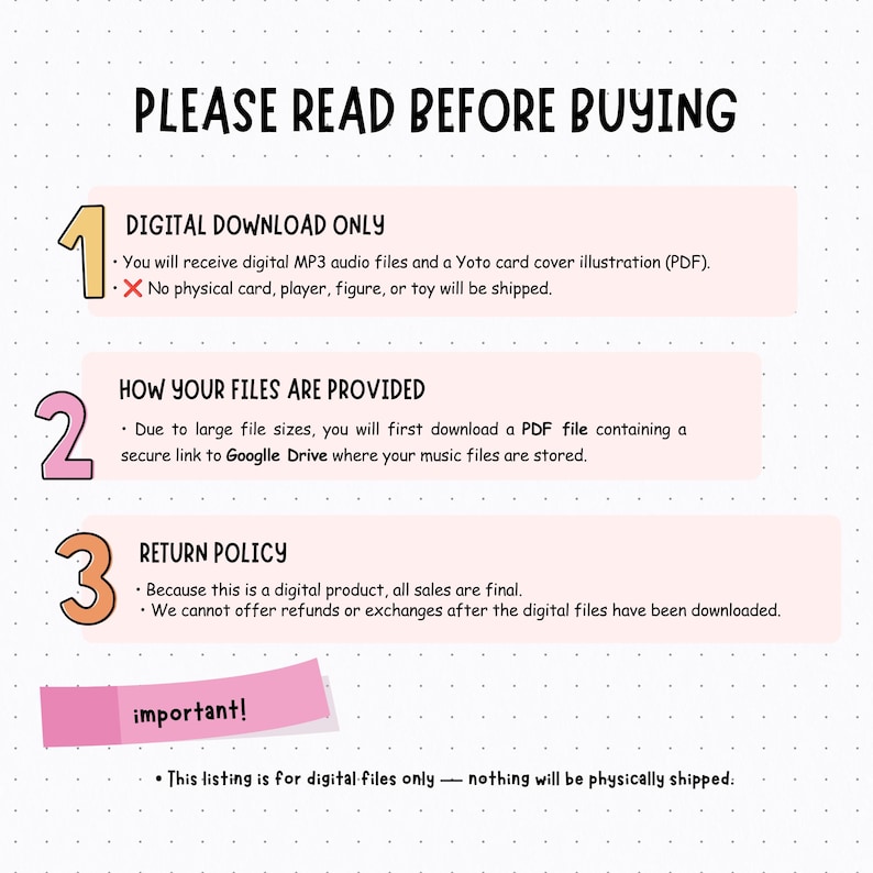 May include: An informational graphic on a white dotted background with the heading PLEASE READ BEFORE BUYING. It lists three points: 1. DIGITAL DOWNLOAD ONLY, 2. HOW YOUR FILES ARE PROVIDED, and 3. RETURN POLICY, plus a pink banner stating important!