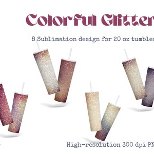 20 oz Skinny Tumbler Sublimation Designs Bundle, 8 trendy shinny pink lila bunte Glitzer Design, hochauflösende PNG, Sofortiger Download