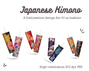 Paquete de diseños de sublimación Skinny Tumbler de 20 oz, 8 diseños inspried de la cultura japonesa del kimono, PNG de alta resolución, descarga instantánea
